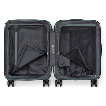 Travelite Itinerary Hardside Spinner Carry-on with mesh zip compartments and 4 wheels, viewed from above.