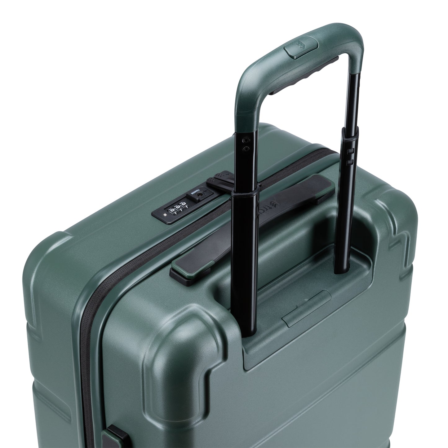 A close-up of the Travelite Itinerary Hardside Spinner Carry-on with extended handle and TSA lock.