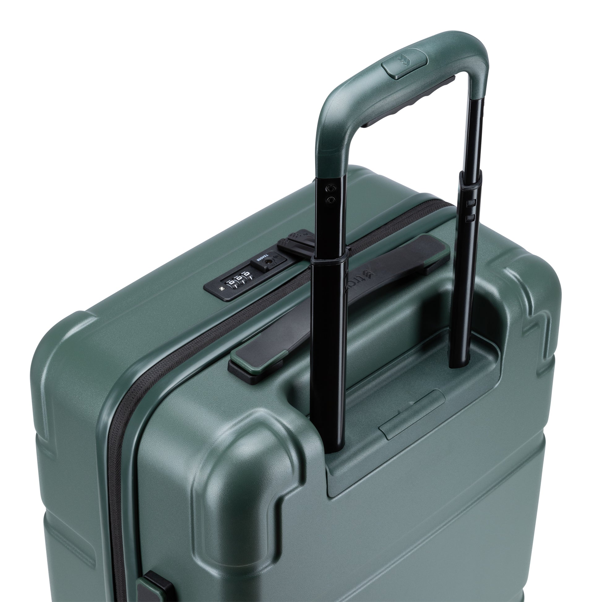 A close-up of the Travelite Itinerary Hardside Spinner Carry-on with extended handle and TSA lock.