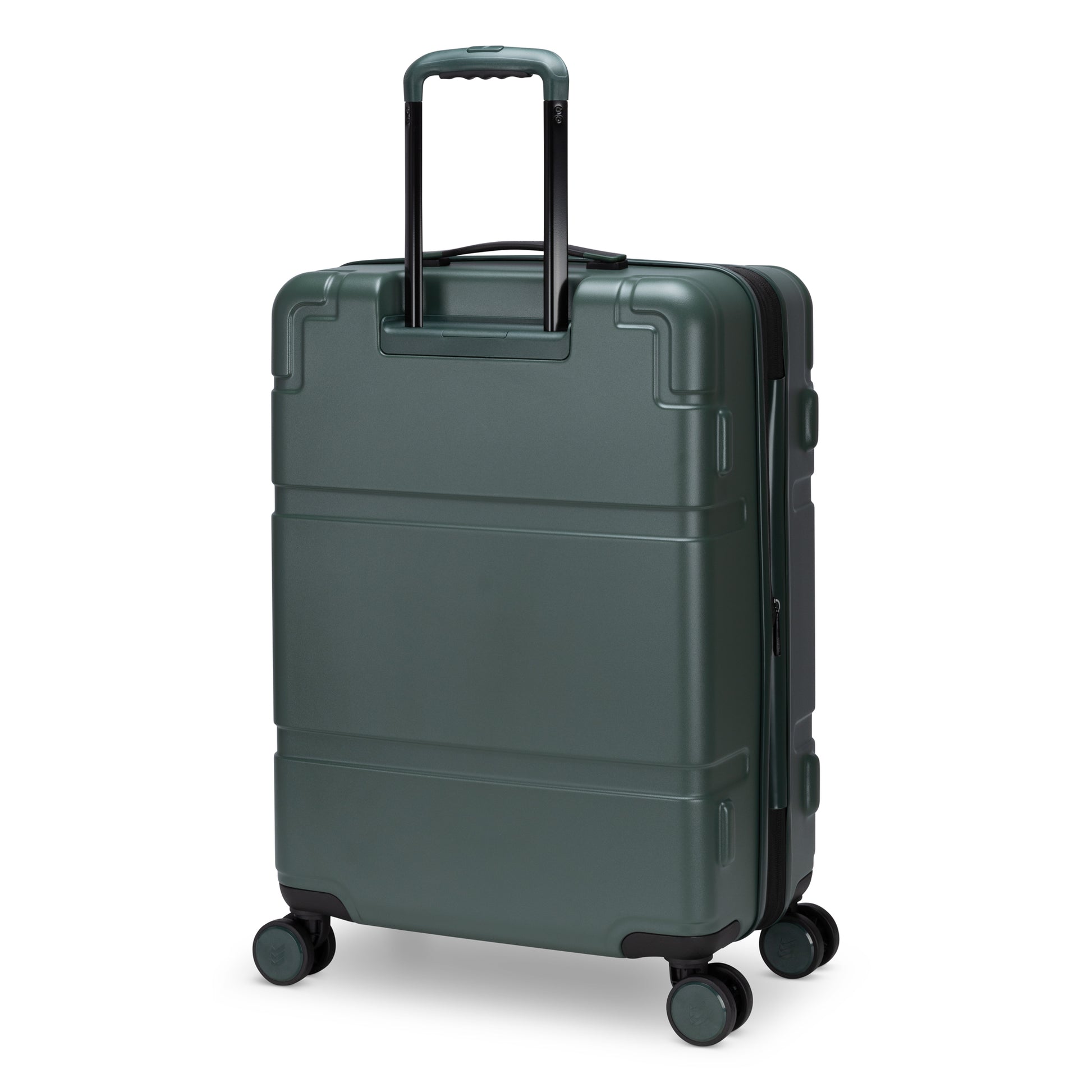 The Travelite Itinerary Medium Hardside Spinner is a dark green, 4-wheel suitcase with TSA lock and handle.