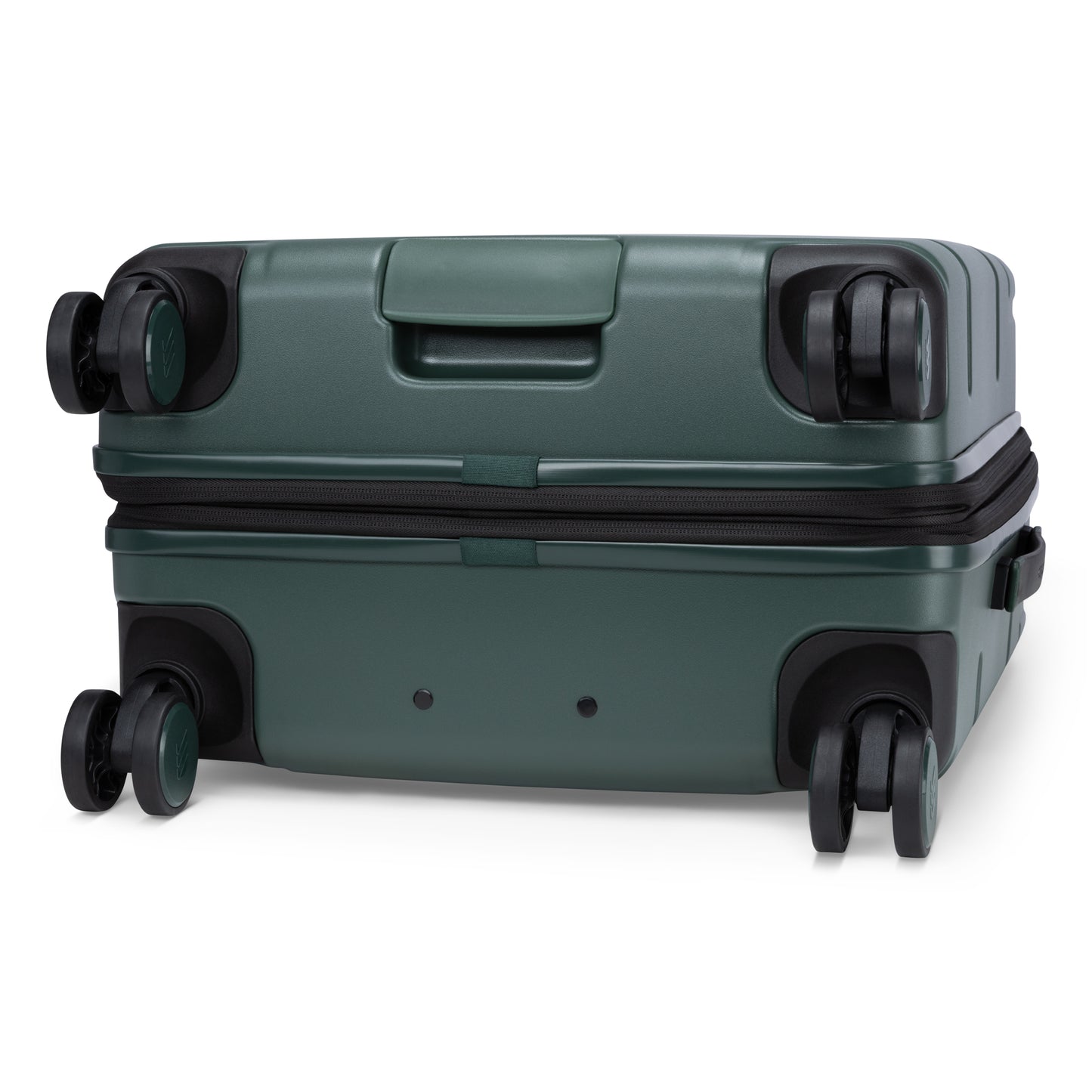Travelite Itinerary Medium Expandable Spinner in dark green with 4 wheels, zipper closure, and TSA lock.