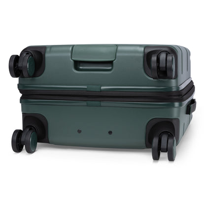 Travelite Itinerary Medium Expandable Spinner in dark green with 4 wheels, zipper closure, and TSA lock.