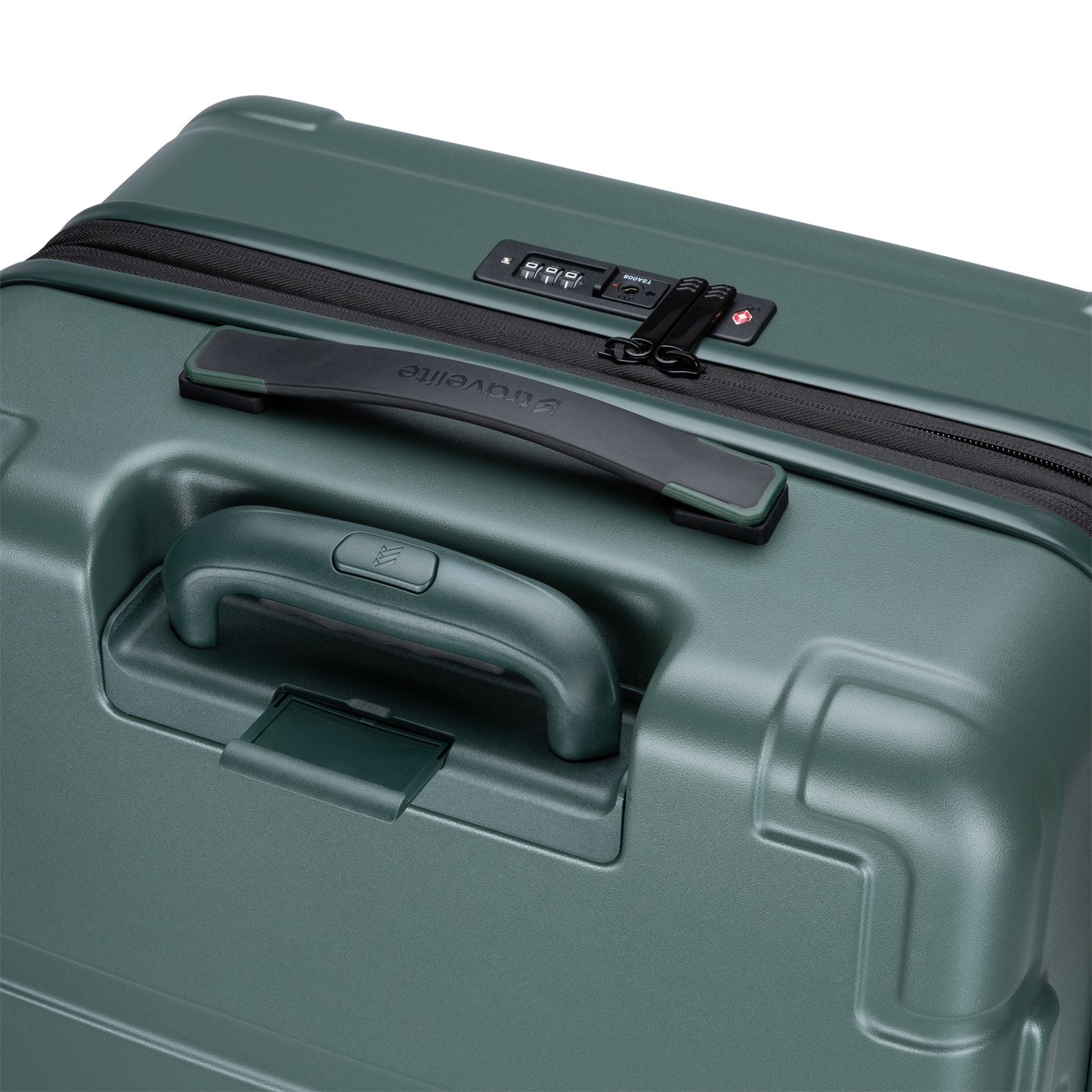 Close-up of Travelite Itinerary Large Expandable Hardside Spinner with TSA lock and built-in handles.