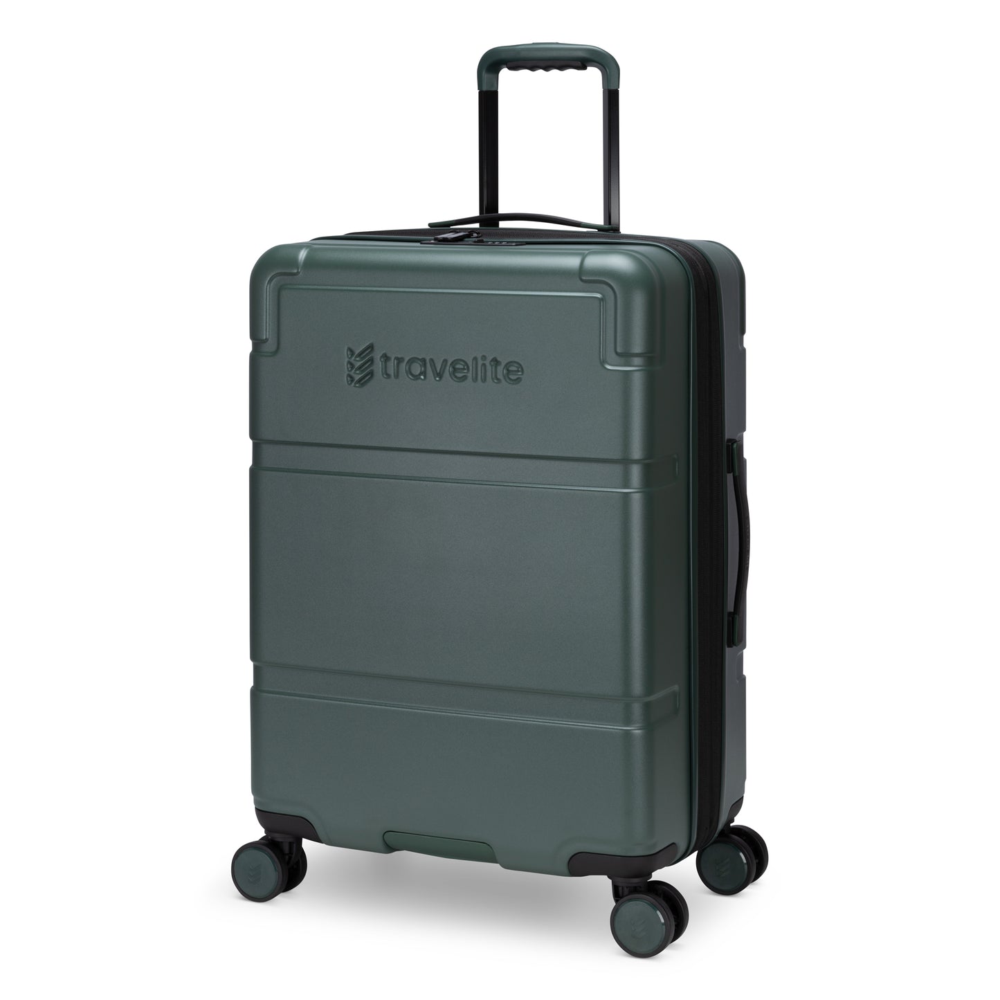 Travelite Itinerary Medium Hardside Spinner in dark green, 4 wheels, TSA lock, side & telescopic handles.