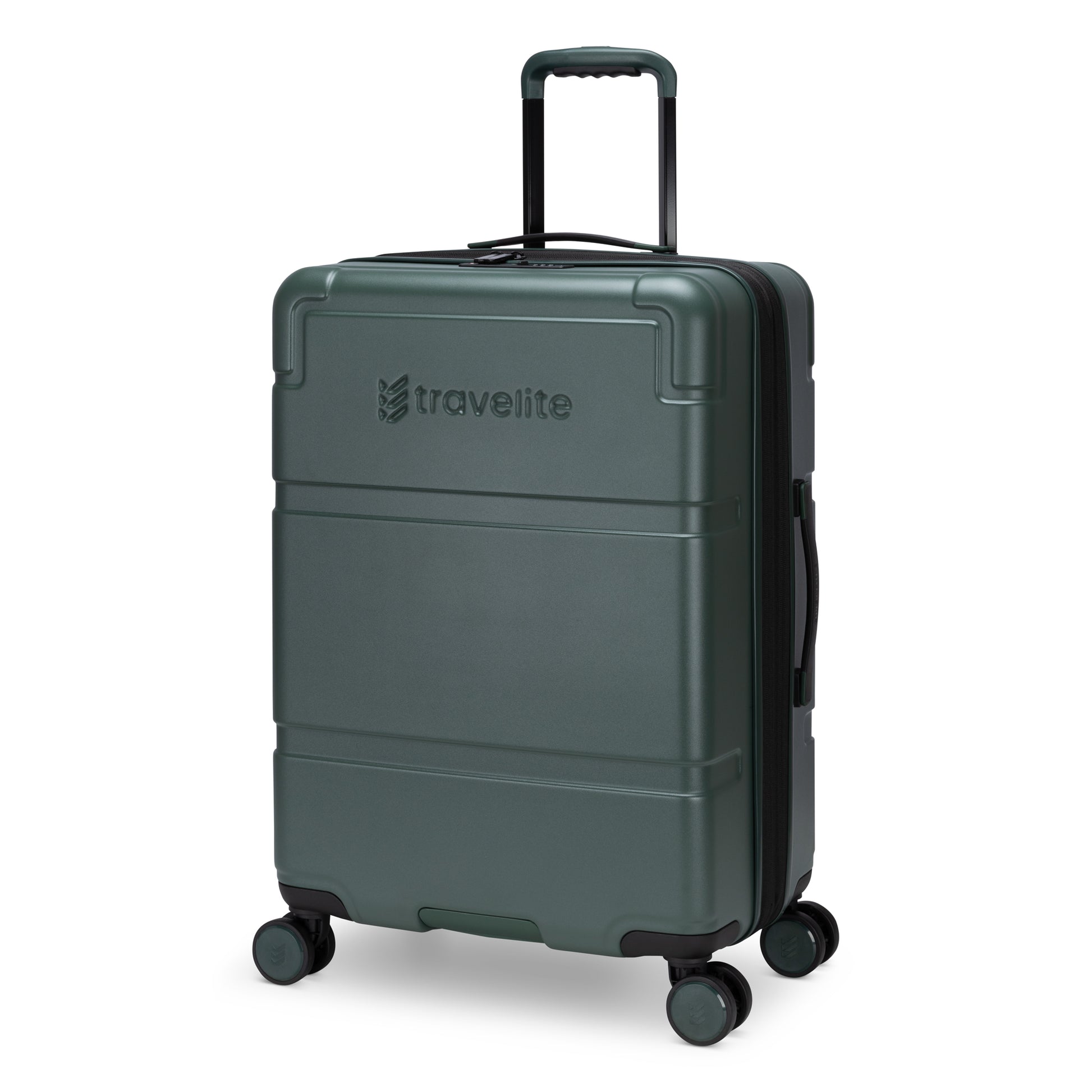 Travelite Itinerary Medium Hardside Spinner in dark green, 4 wheels, TSA lock, side & telescopic handles.