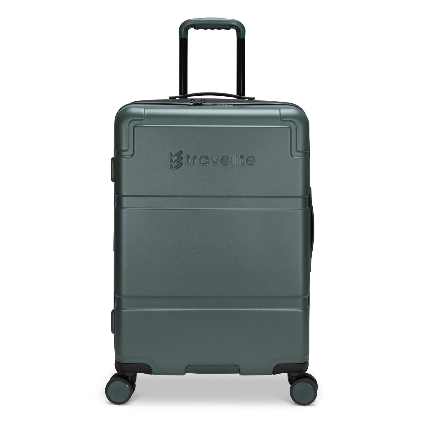 Travelite Itinerary Medium Expandable Spinner, dark green with 4 wheels, TSA lock, and telescoping handle.