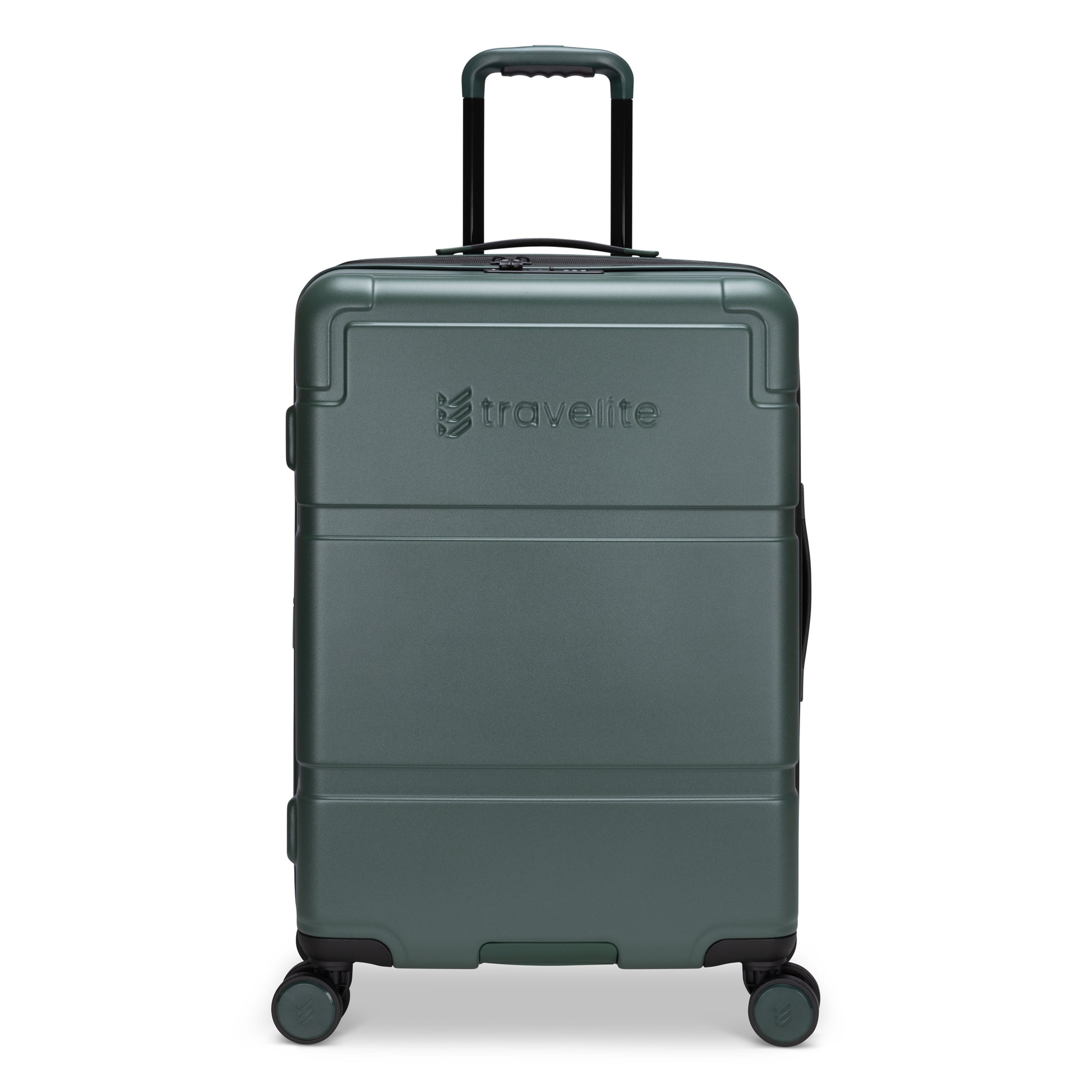 Travelite Itinerary Medium Expandable Spinner, dark green with 4 wheels, TSA lock, and telescoping handle.