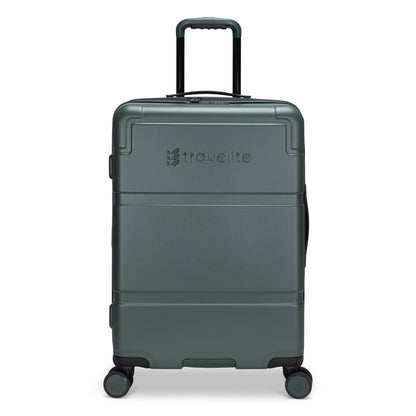 Travelite Itinerary Medium Expandable Spinner, dark green with 4 wheels, TSA lock, and telescoping handle.