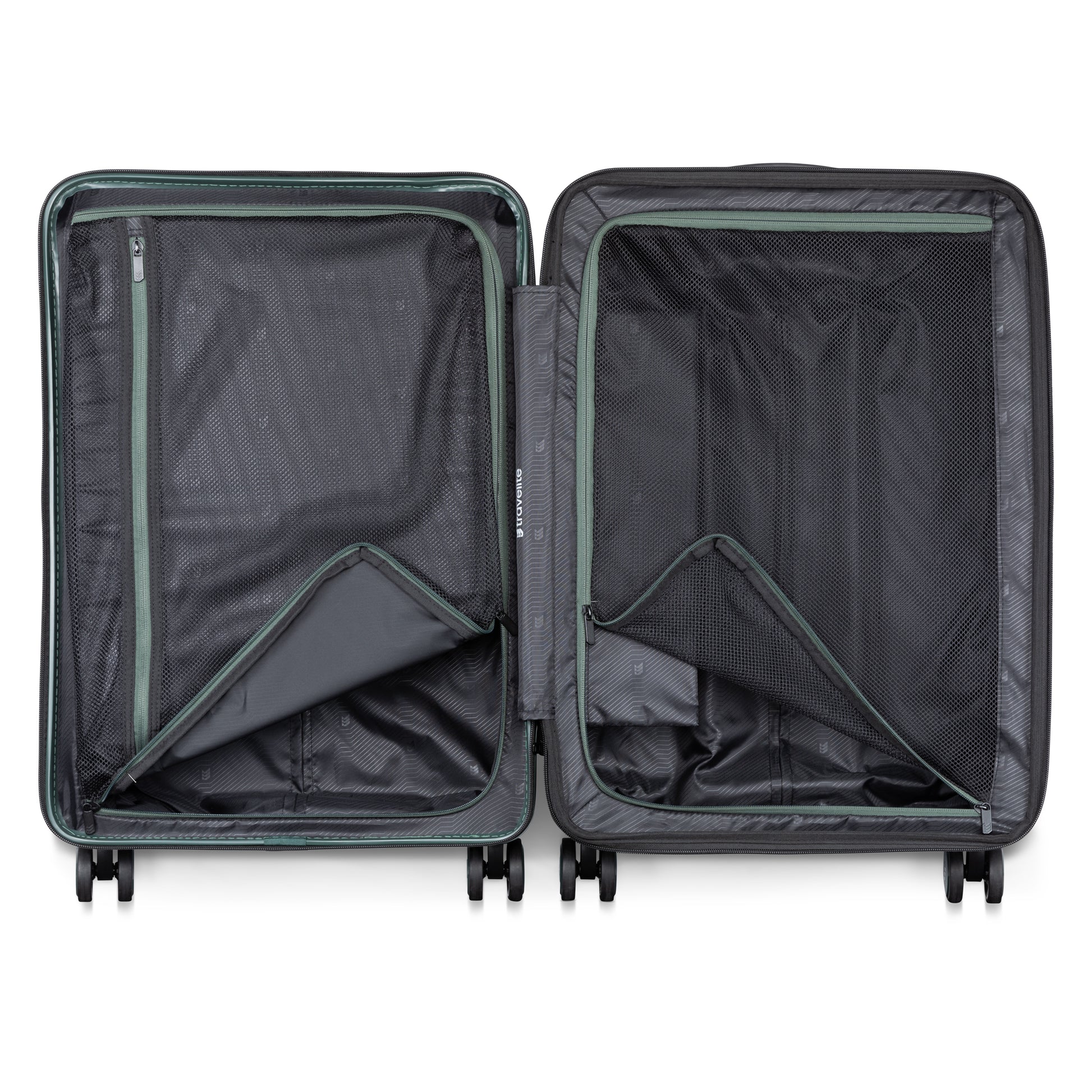 The Travelite Itinerary Medium Hardside Spinner features zippered compartments and four wheels, shown open from above.