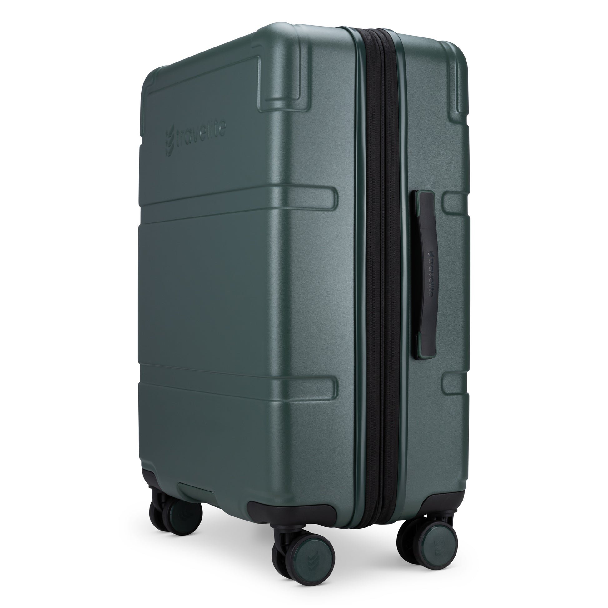 The Travelite Itinerary Medium Expandable Hardside Spinner in green, with 4 wheels and TSA lock, is shown.