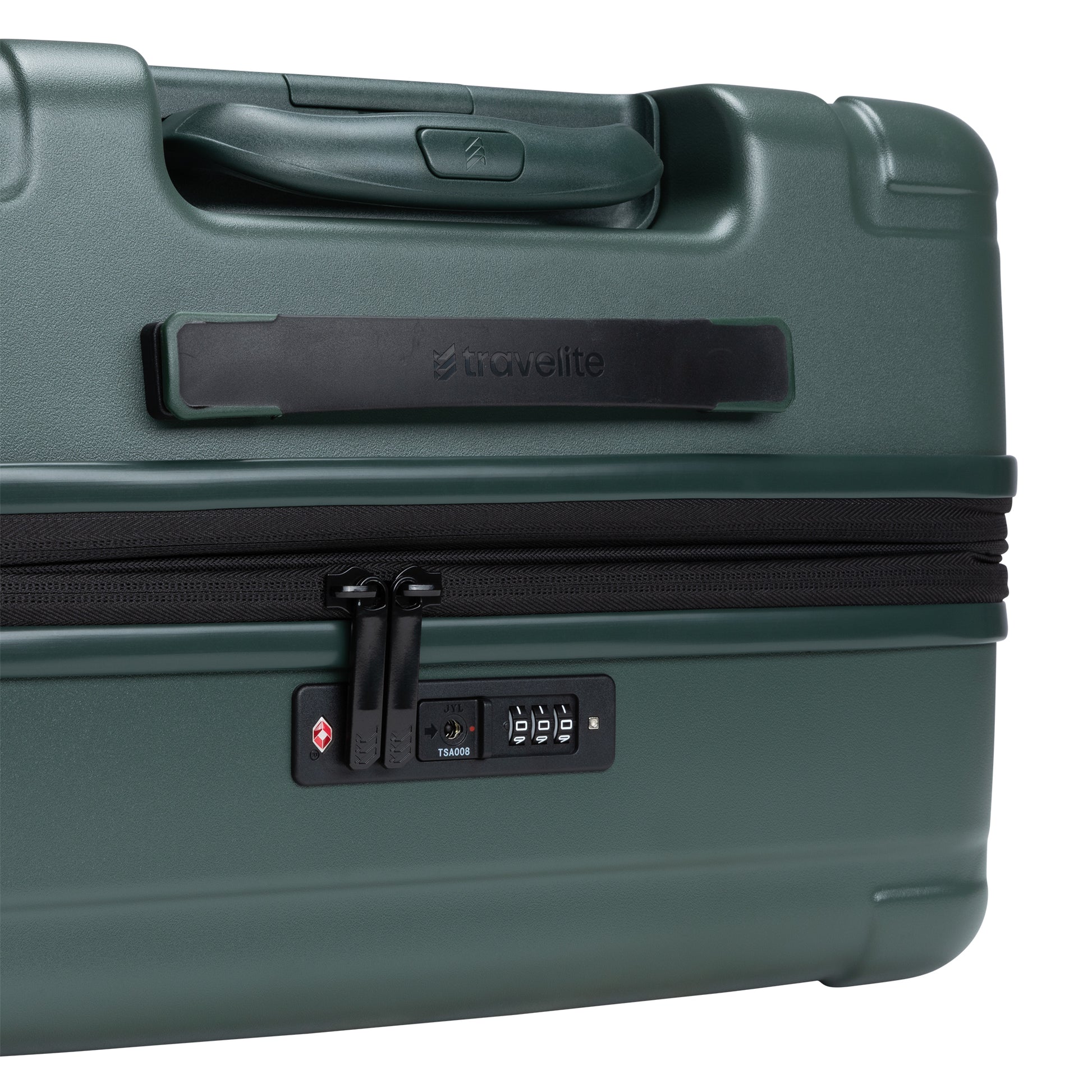 The Travelite Itinerary Medium Expandable Spinner is a green, lightweight case with zipper, handle & TSA lock.