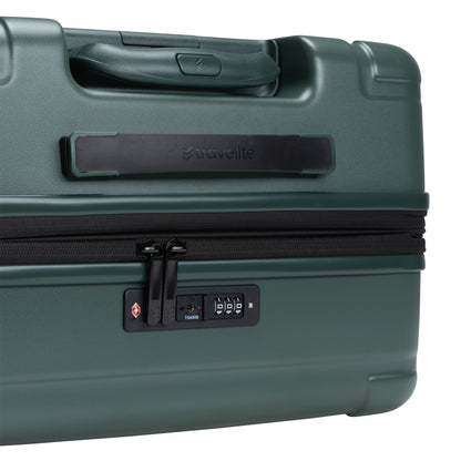 The Travelite Itinerary Medium Expandable Spinner is a green, lightweight case with zipper, handle & TSA lock.