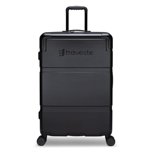 Product Image – Travelite Itinerary Large Spinner, black, with 4 wheels, expandable hardside, extendable handle, TSA lock.