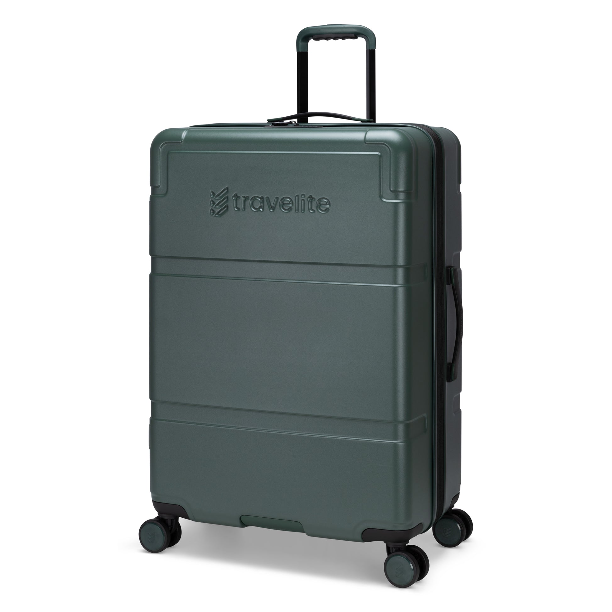 Dark green Travelite Itinerary Large Expandable Hardside Spinner with 4 wheels and TSA lock.