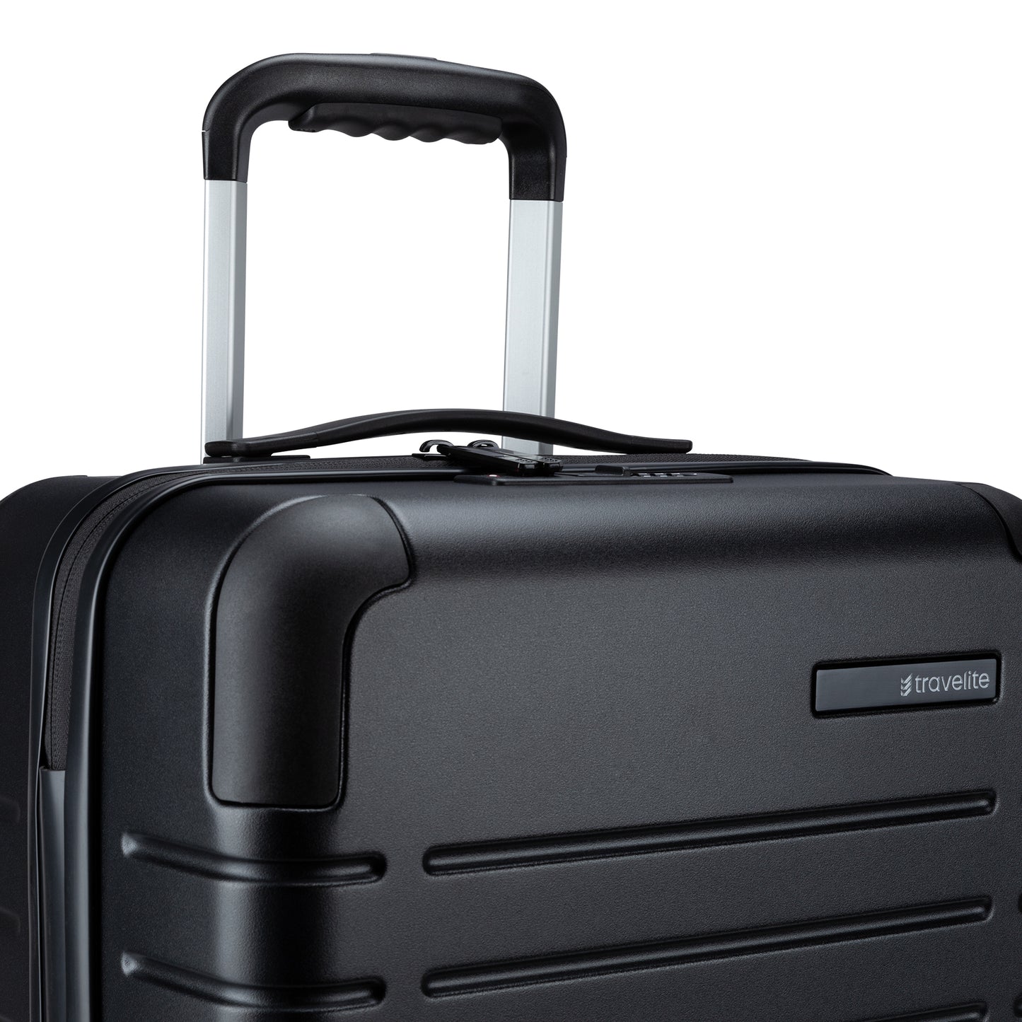 Close up of top and handle of black Travelite Epicure 19" Hardside Spinner Carry-on