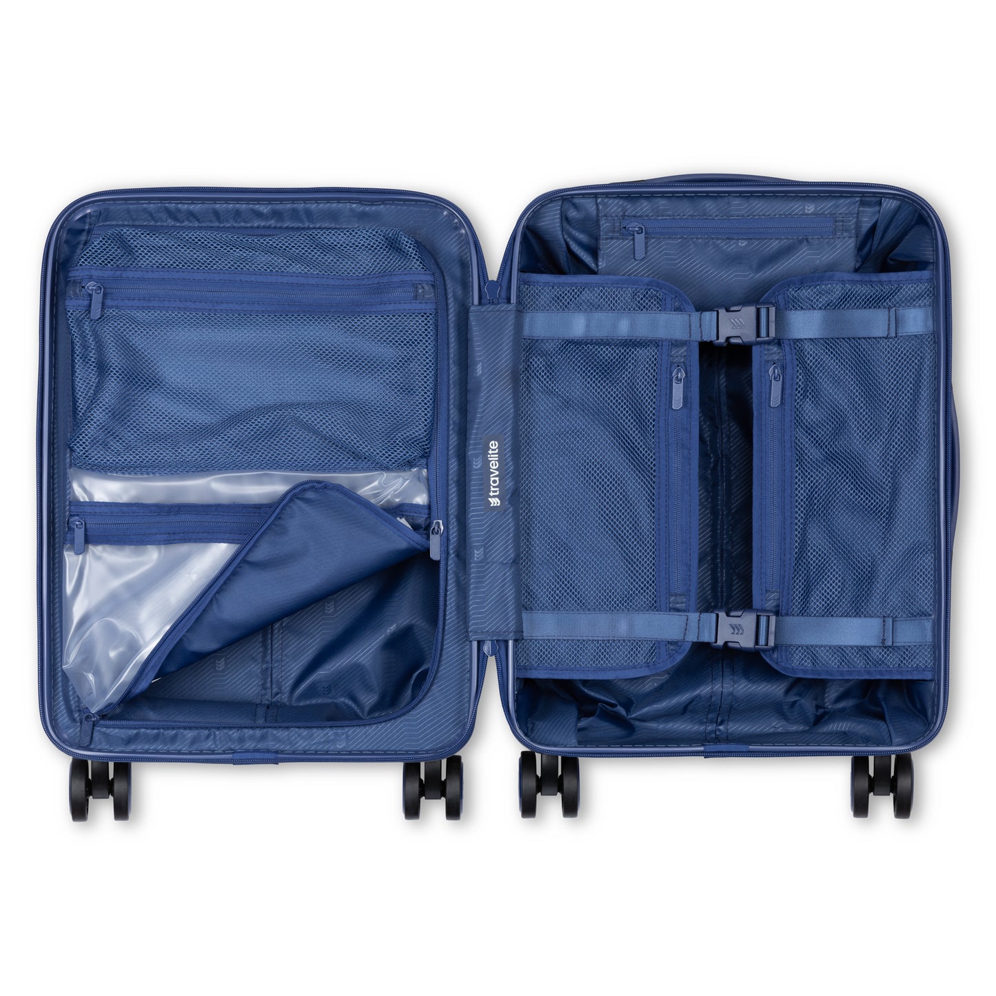 Travelite Epicure 19" Hardside Spinner Carry-on, set sail blue colour, open view of interior with organizers