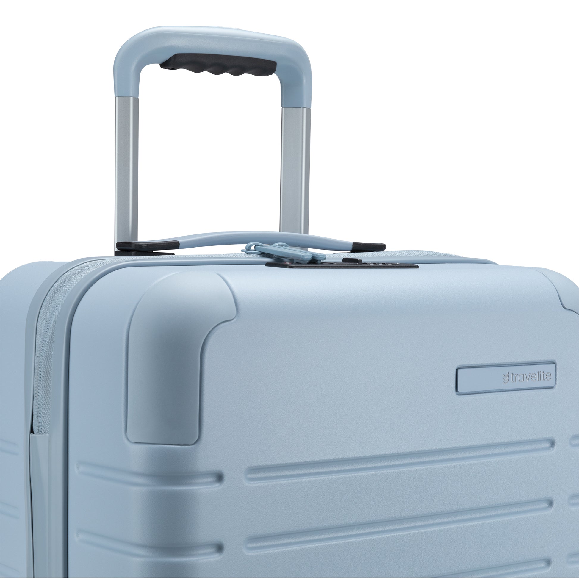 Close up of top and handle of the Niagara Mist light blue colour Travelite Epicure 19" Hardside Spinner Carry-on