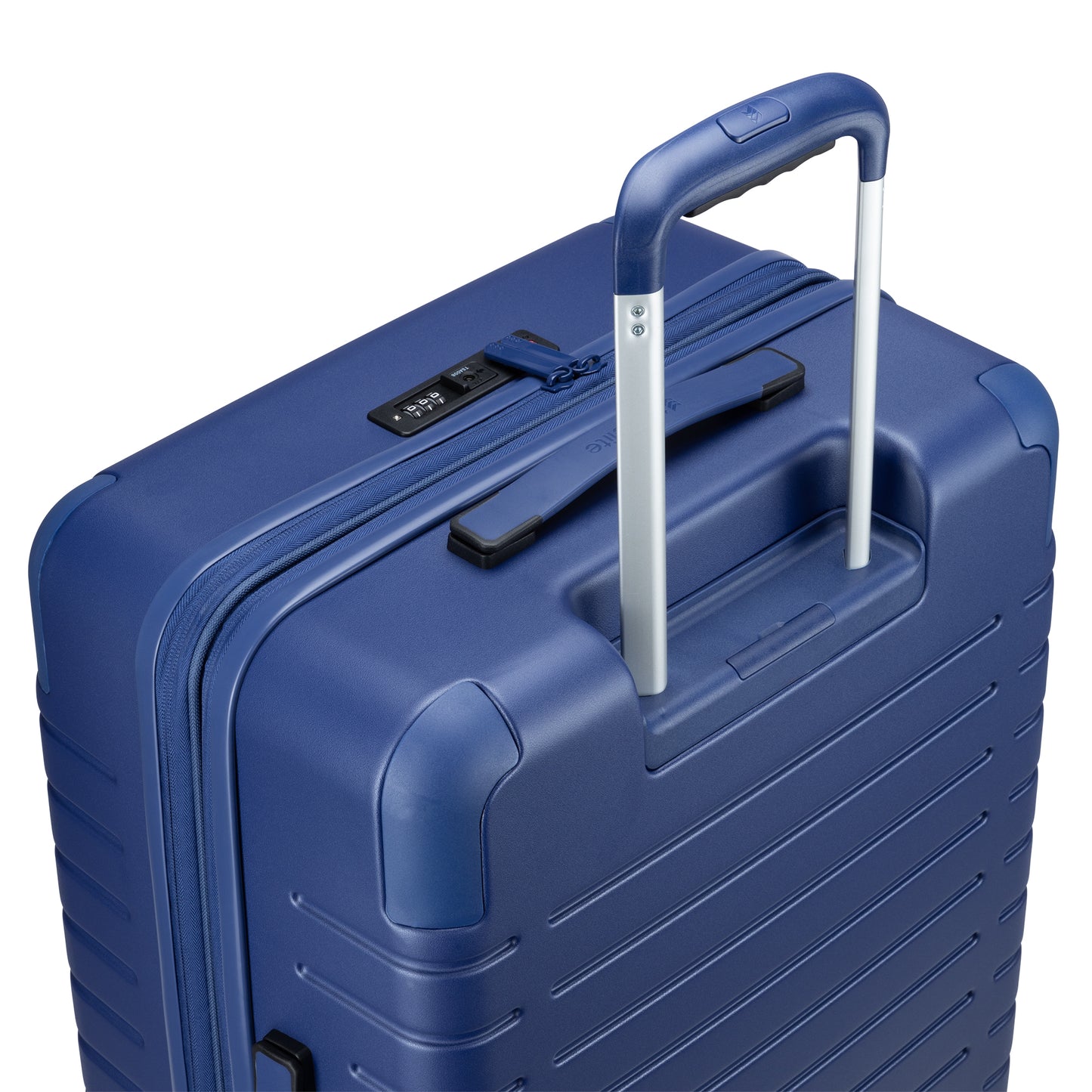 Travelite Epicure 24" Expandable Hardside Spinner, set sail blue colour, top back view with telescopic handle extended