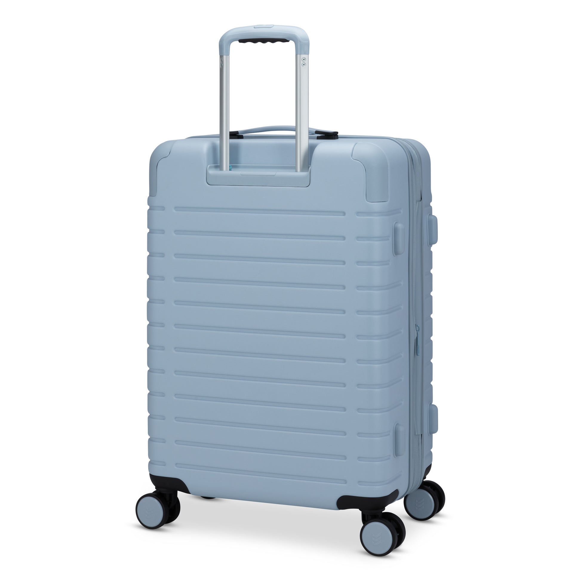 Travelite Epicure 24" Expandable Hardside Spinner, Niagara Mist light blue colour, back angled view