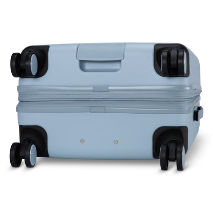 Travelite Epicure 24" Expandable Hardside Spinner, Niagara Mist light blue colour, bottom view of black spinner wheels