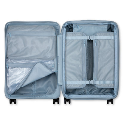 Travelite Epicure 24" Expandable Hardside Spinner, Niagara Mist light blue colour, open view of interior organization