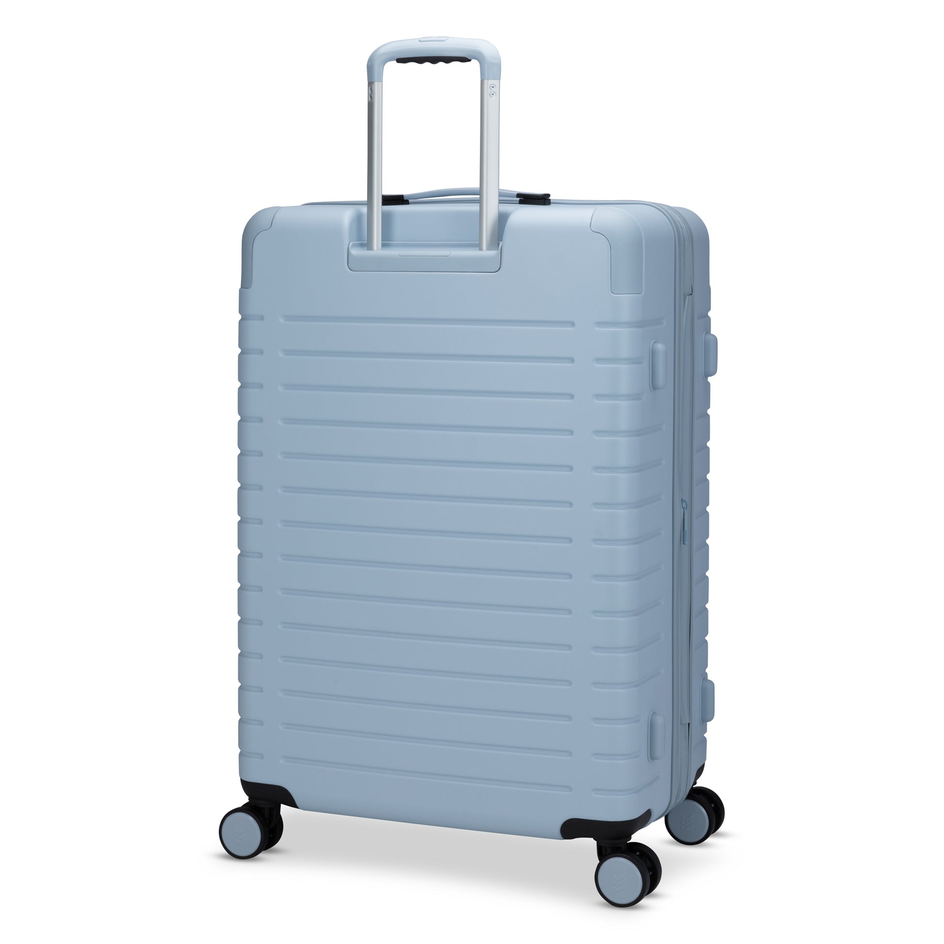 Travelite Epicure 28" Expandable Hardside Spinner, Niagara Mist light blue colour, back angled view