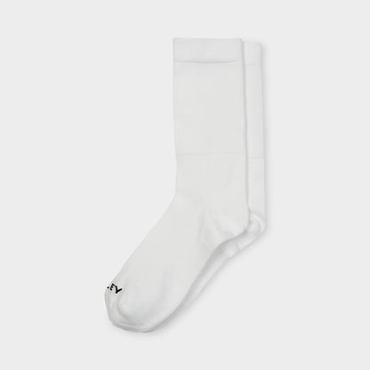 Tilley Mid Calf Travel Sock in white with black logo, moisture wicking. Tilley brand. ONLINE ONLY.