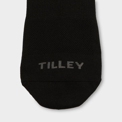 Close-up of the Tilley Ankle Travel Sock - ONLINE ONLY, showing "TILLEY" in gray on the black toe.