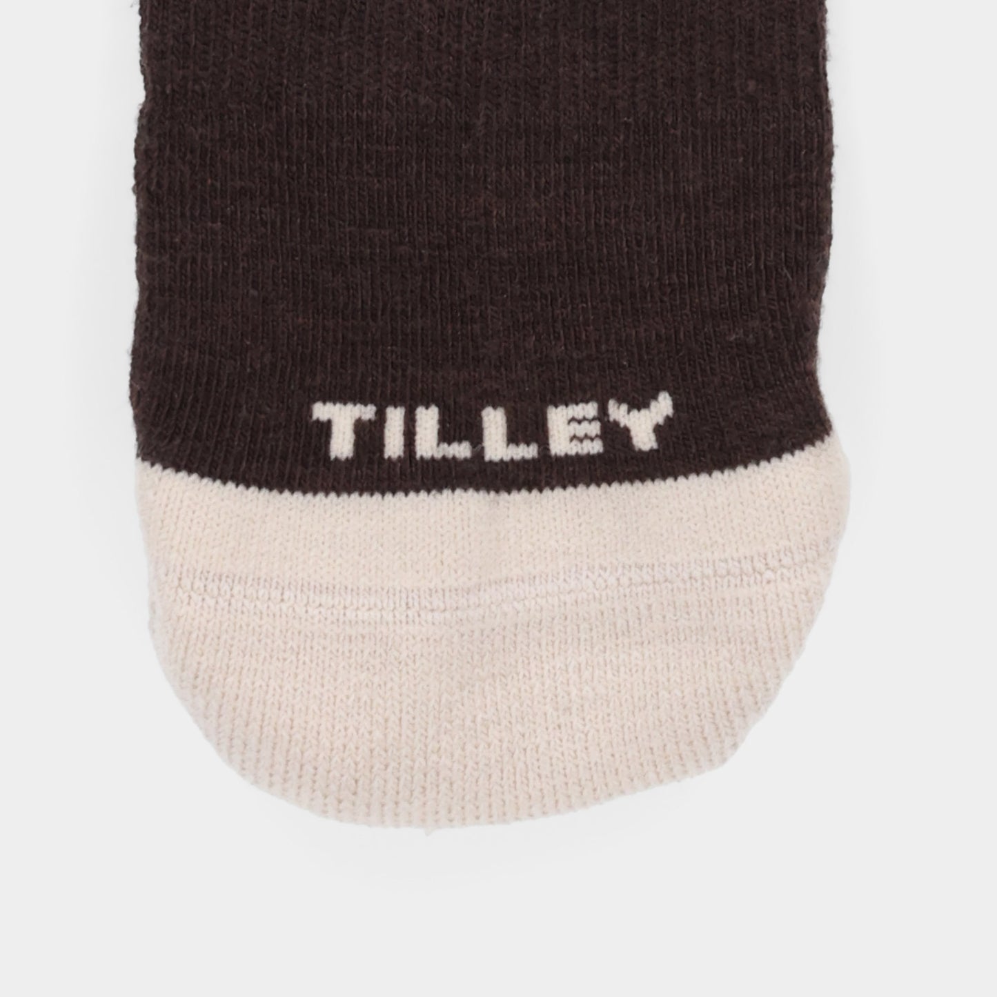 Close-up of Tilley Landscape Sock - ONLINE ONLY, with a beige toe and odour-eliminating, moisture-wicking features.