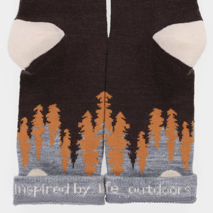 Tilley Landscape Sock: Brown merino, orange/gray trees, cream toes, wicks moisture for outdoor comfort.