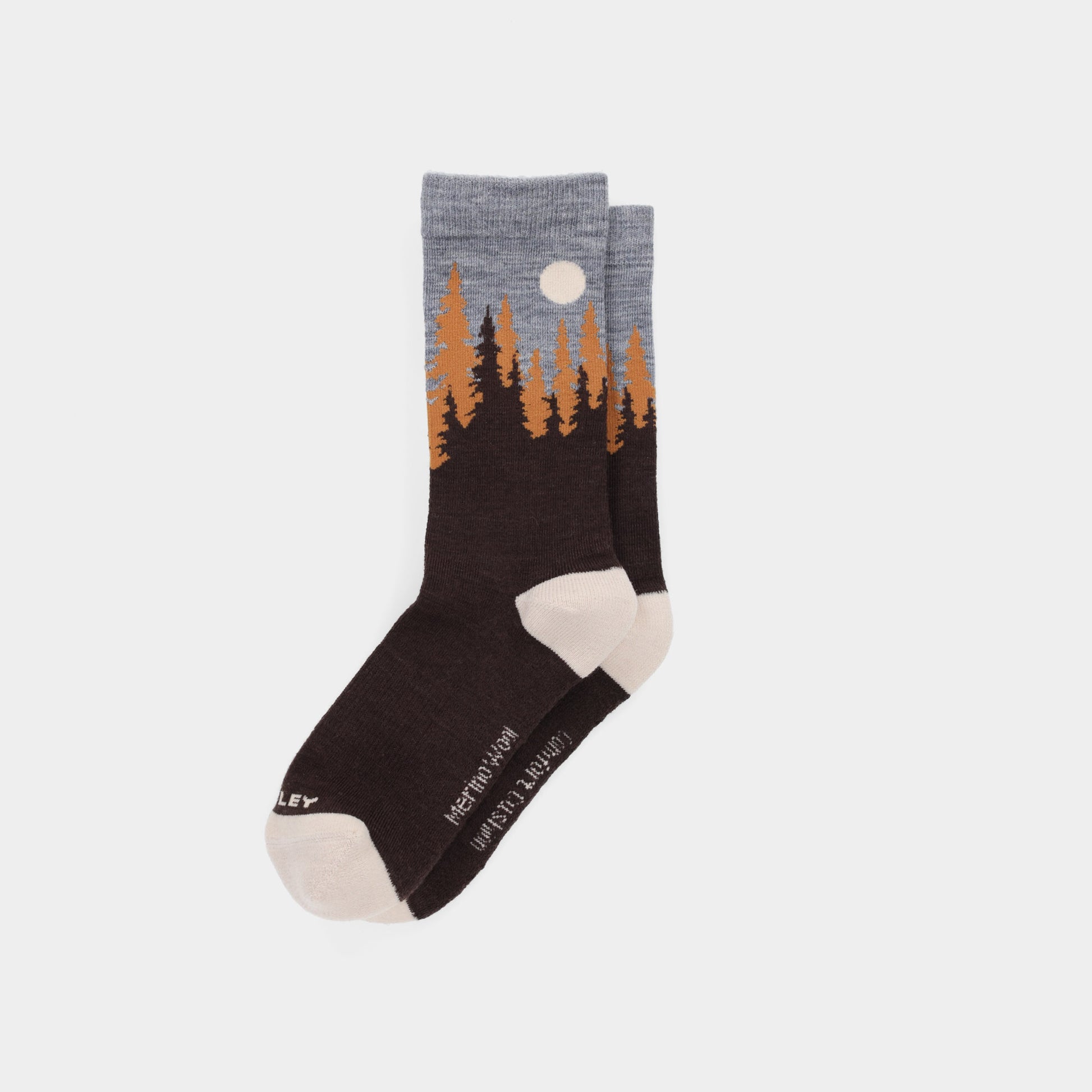 Tilley Landscape Sock - ONLINE ONLY: Moisture-wicking socks with a forest and moon graphic in earthy tones.