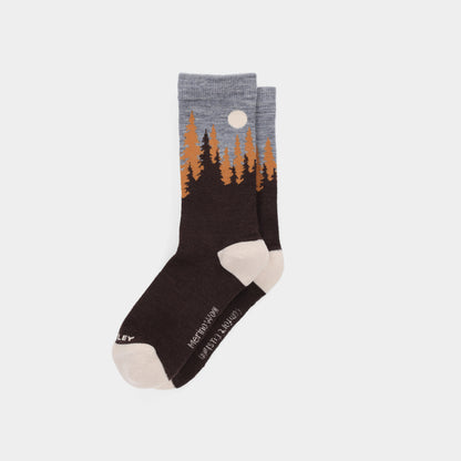 Tilley Landscape Sock - ONLINE ONLY: Moisture-wicking socks with a forest and moon graphic in earthy tones.
