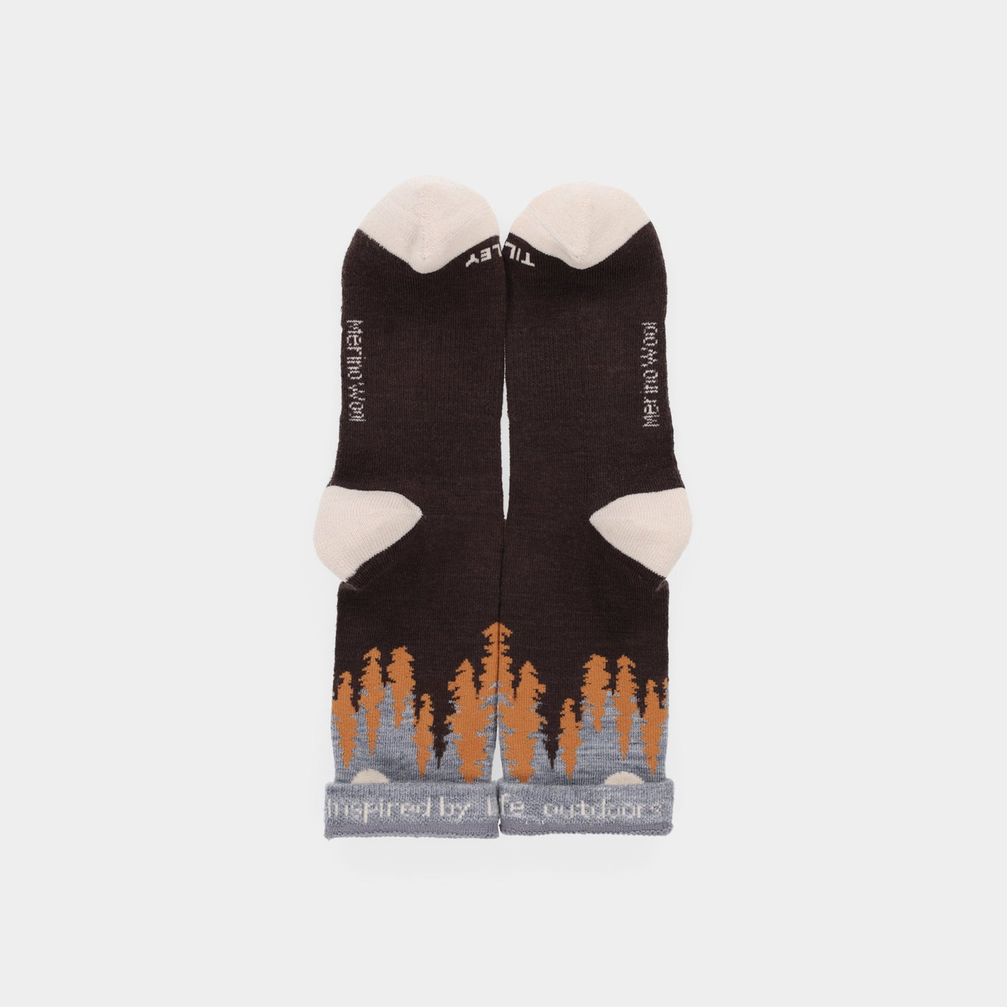 Tilley Landscape Sock: black merino with cream toes, orange tree graphic, odour control, moisture wicking.