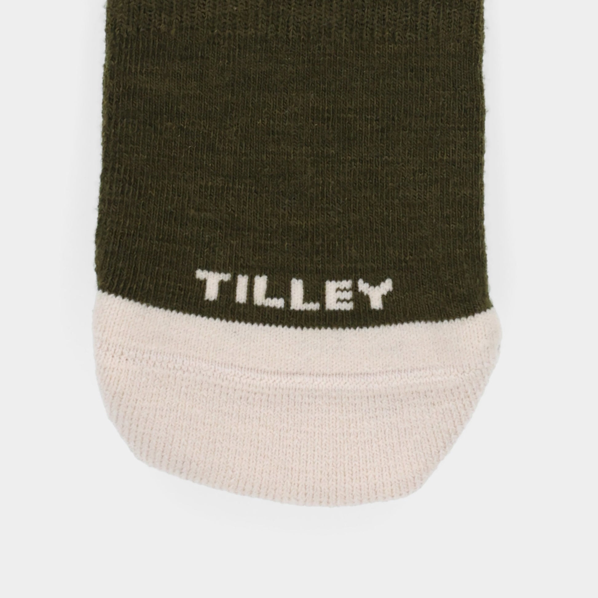 Close-up of the Tilley Landscape Sock - ONLINE ONLY in olive green/beige, with moisture-wicking comfort.