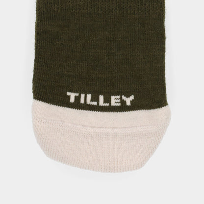 Close-up of the Tilley Landscape Sock - ONLINE ONLY in olive green/beige, with moisture-wicking comfort.