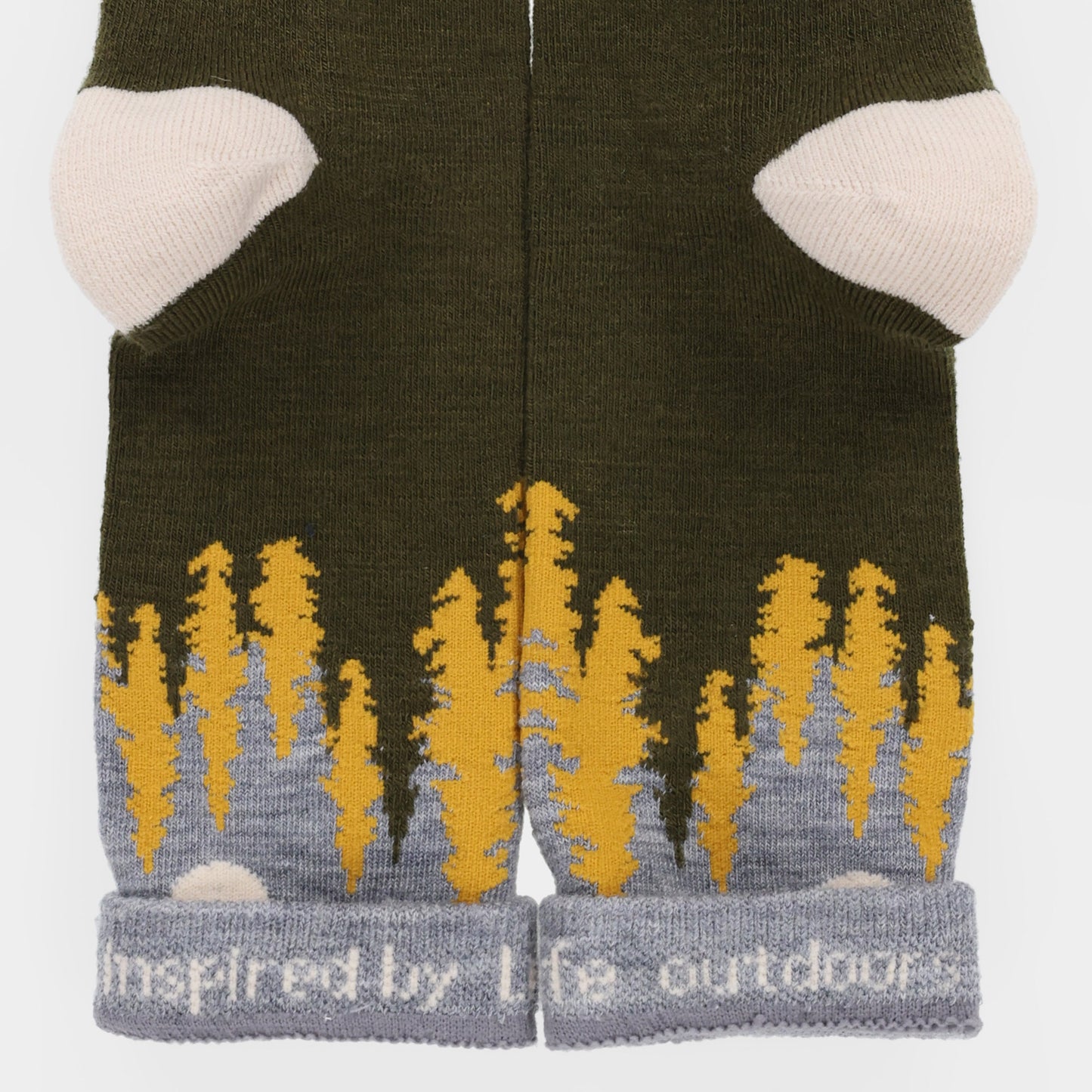 Tilley Landscape Sock - ONLINE ONLY: green merino, yellow trees, white sun, odour control, "Inspired by the outdoors" cuffs.