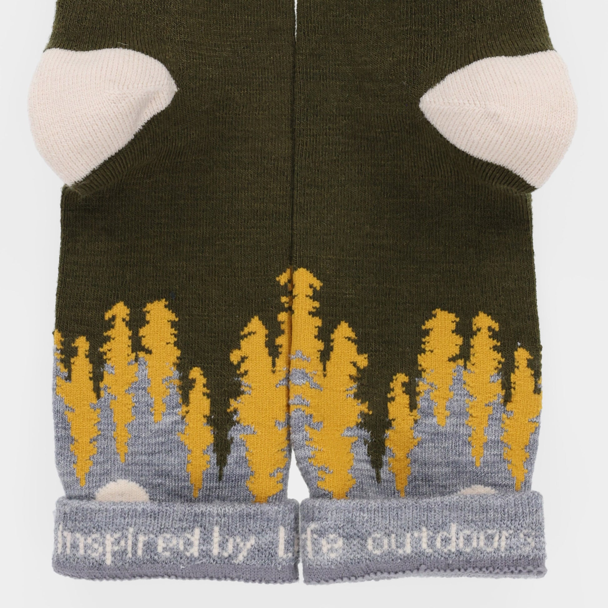 Tilley Landscape Sock - ONLINE ONLY: green merino, yellow trees, white sun, odour control, "Inspired by the outdoors" cuffs.
