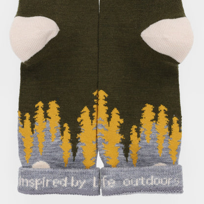 Tilley Landscape Sock - ONLINE ONLY: green merino, yellow trees, white sun, odour control, "Inspired by the outdoors" cuffs.