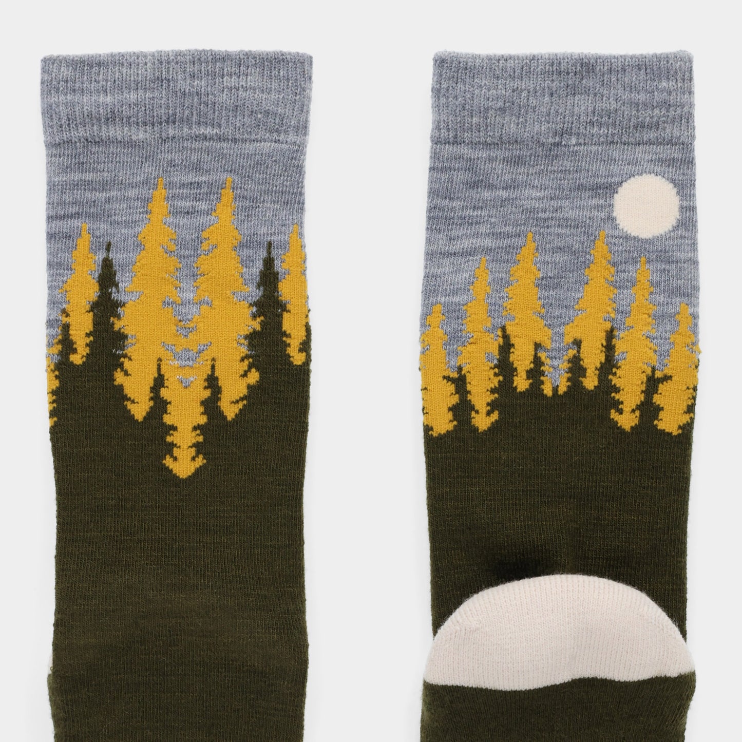 Tilley Landscape Sock - ONLINE ONLY: Moisture-wicking socks with a forest scene, yellow trees, and grey sky.