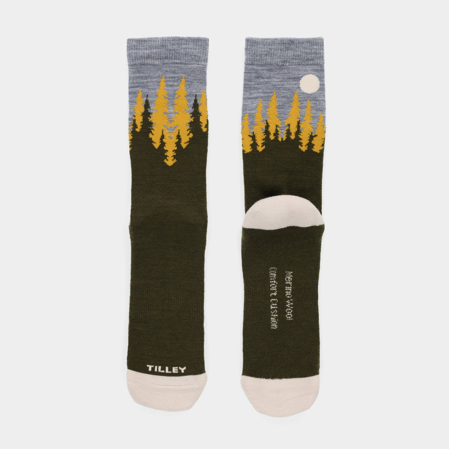 Tilley Landscape Sock - ONLINE ONLY: Merino, moisture-wicking, yellow pine tree design, gray & white accents.
