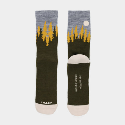 Tilley Landscape Sock - ONLINE ONLY: Merino, moisture-wicking, yellow pine tree design, gray & white accents.