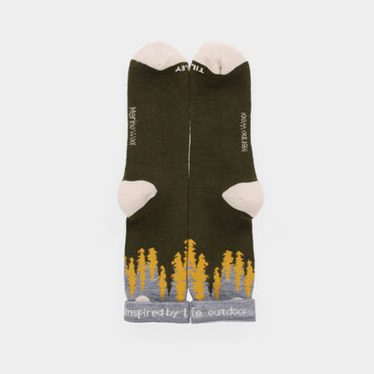 Tilley Landscape Sock: Green, moisture-wicking socks with yellow trees, grey accents. ONLINE ONLY by Tilley.