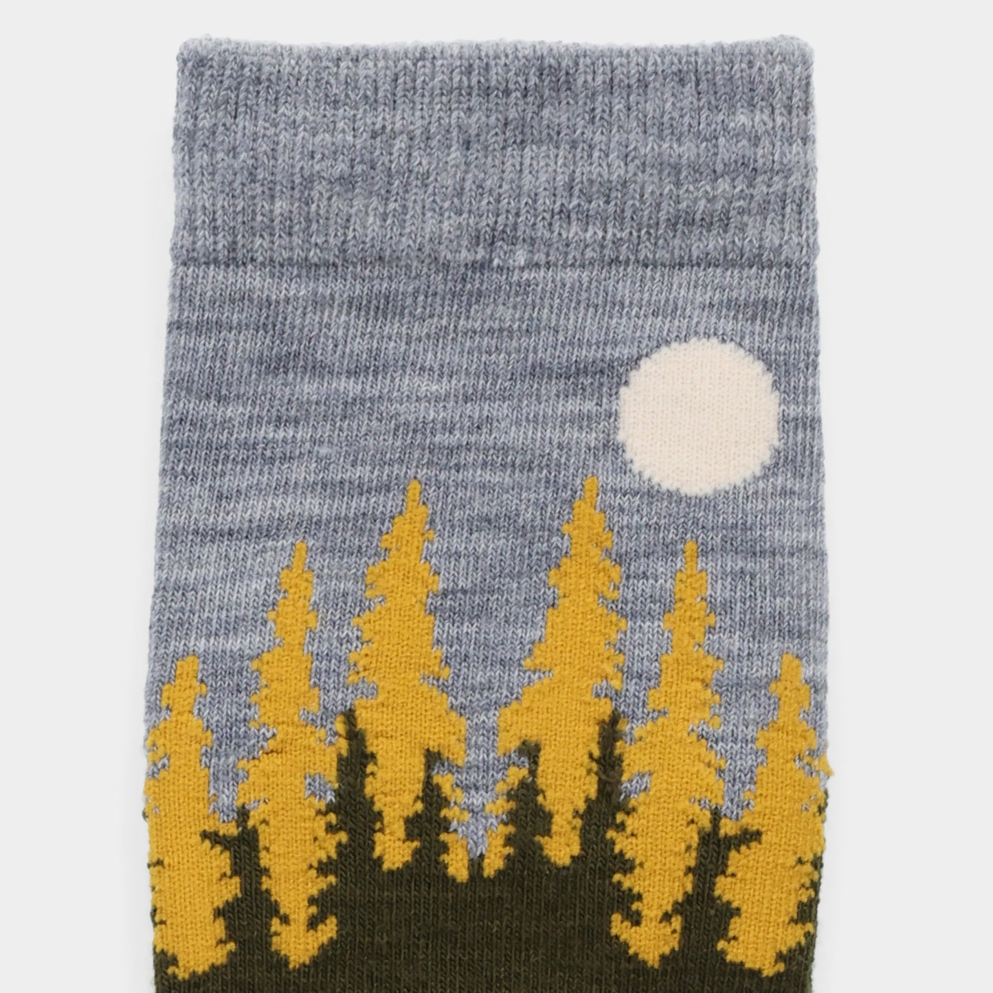 Tilley Landscape Sock - ONLINE ONLY: Gray merino, yellow trees, white sun; moisture wicking and odour eliminating.