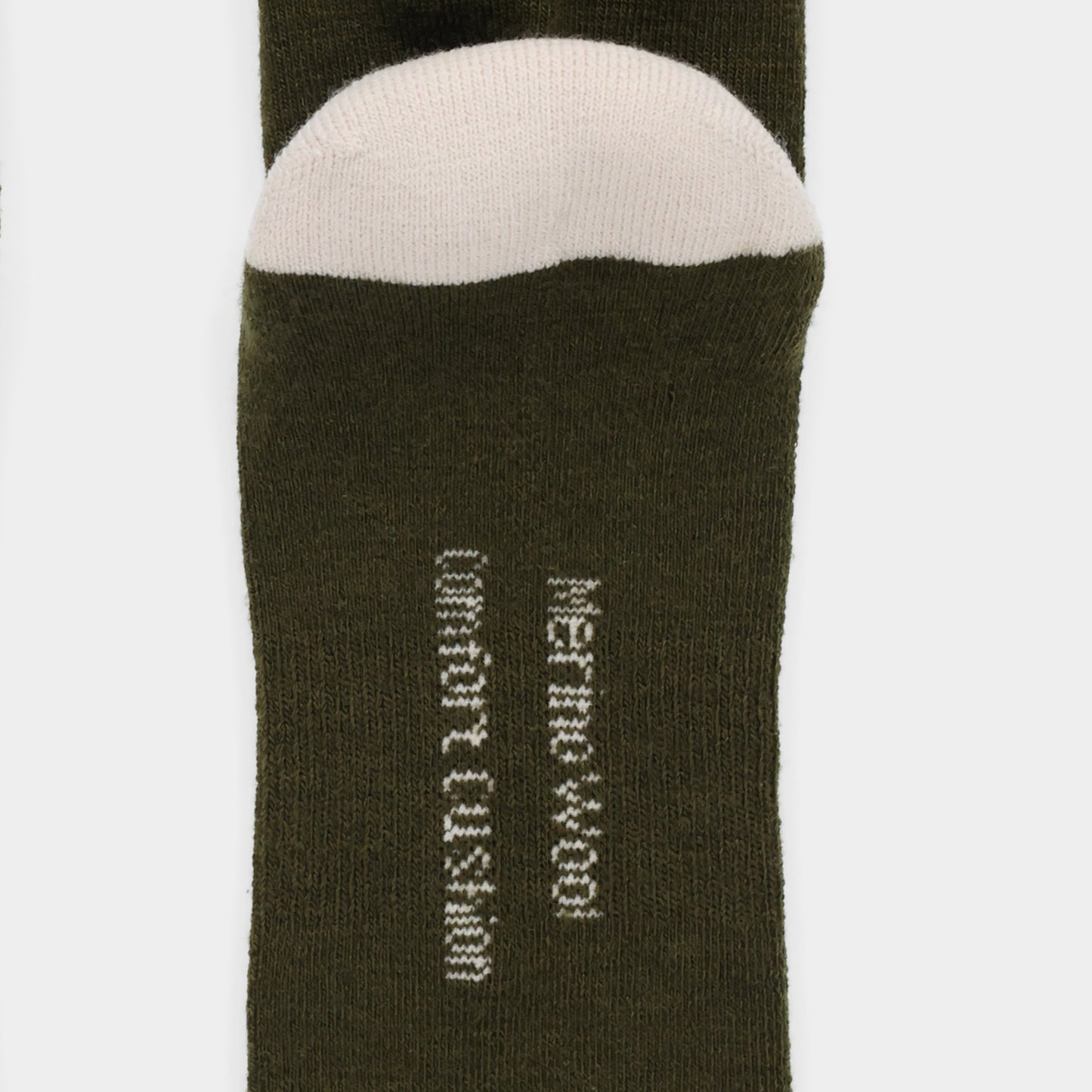 Tilley Landscape Sock - ONLINE ONLY: Green merino with light beige toe, white text. Moisture wicking.