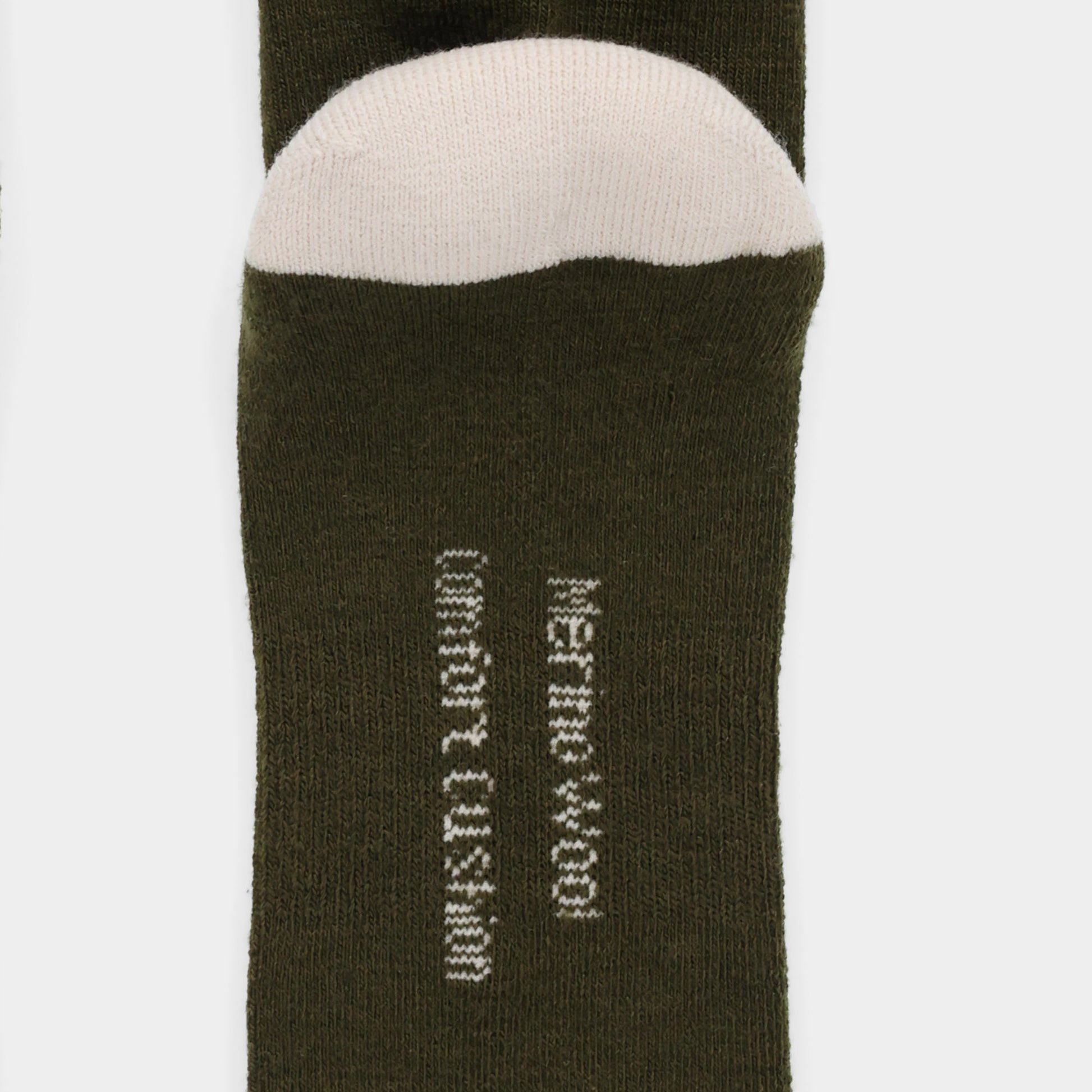 Tilley Landscape Sock - ONLINE ONLY: Green merino with light beige toe, white text. Moisture wicking.