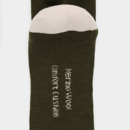 Tilley Landscape Sock - ONLINE ONLY: Green merino with light beige toe, white text. Moisture wicking.