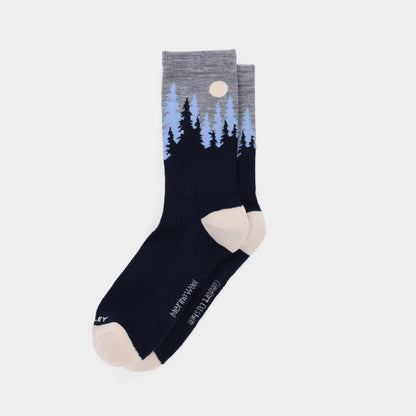 Tilley Landscape Sock - ONLINE ONLY: Moisture-wicking socks with blue trees & white moon on gray/navy by Tilley.