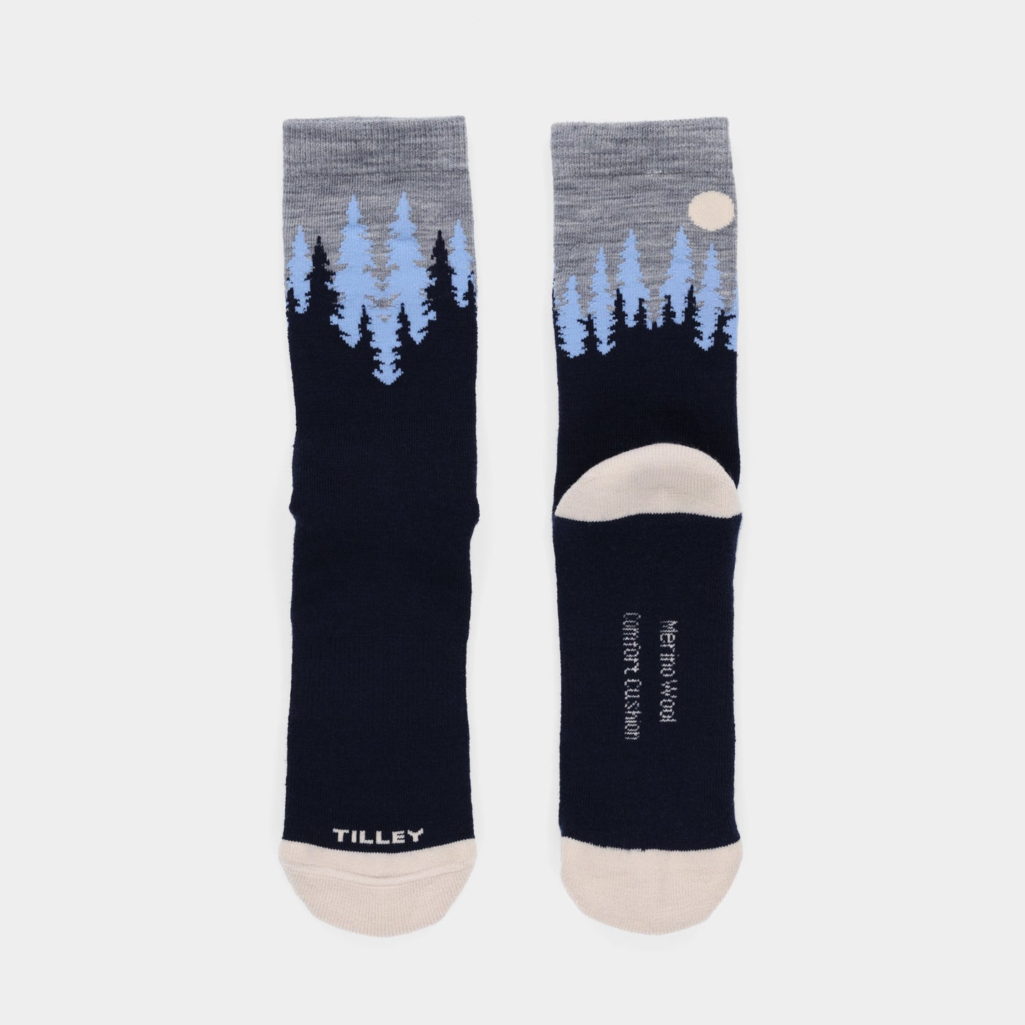 Tilley Landscape Sock: merino, blue forest & moon print, beige toes/heels, "TILLEY" on one toe. ONLINE ONLY.
