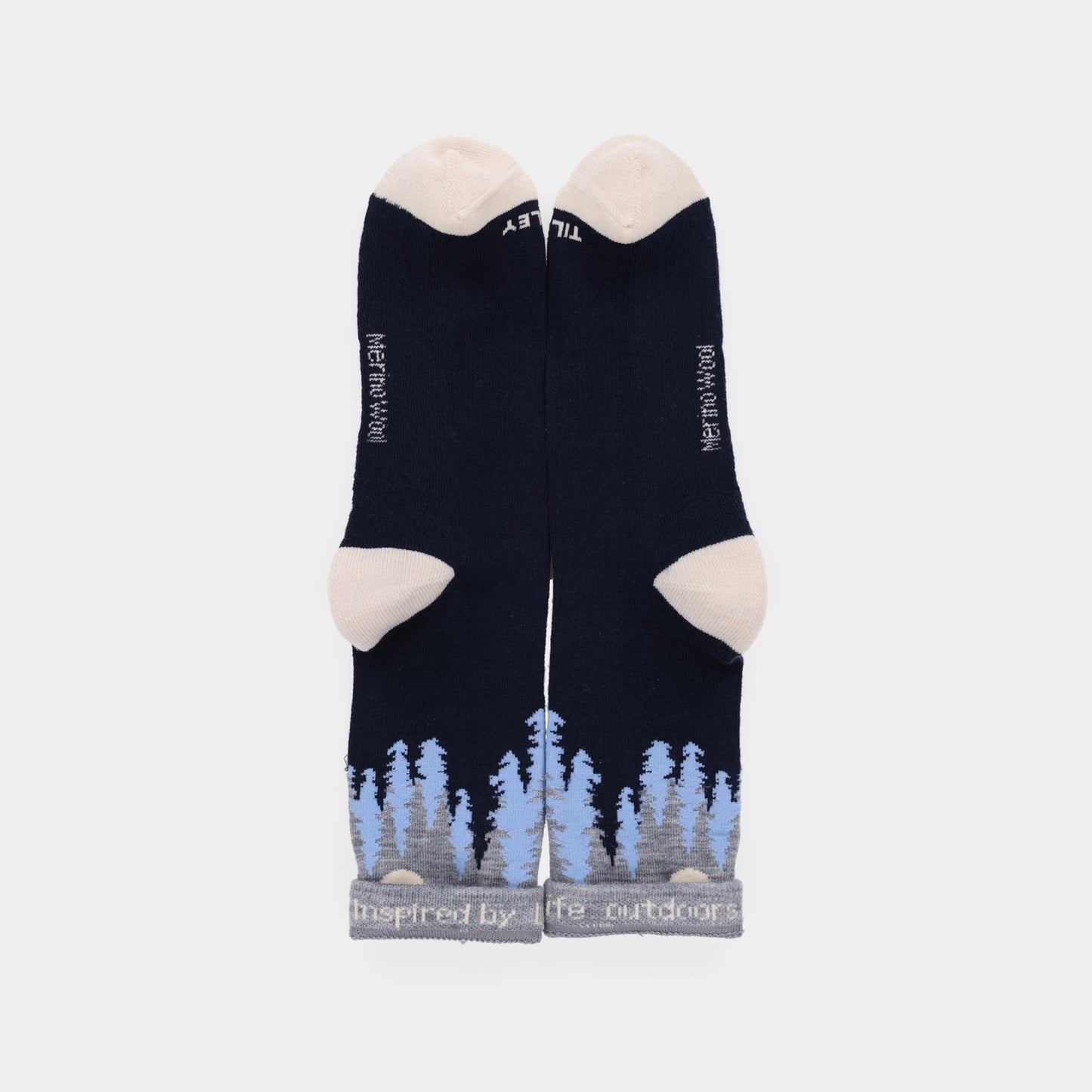 Tilley Landscape Sock—navy merino with beige toes/heels and blue-gray forest design. ONLINE ONLY.