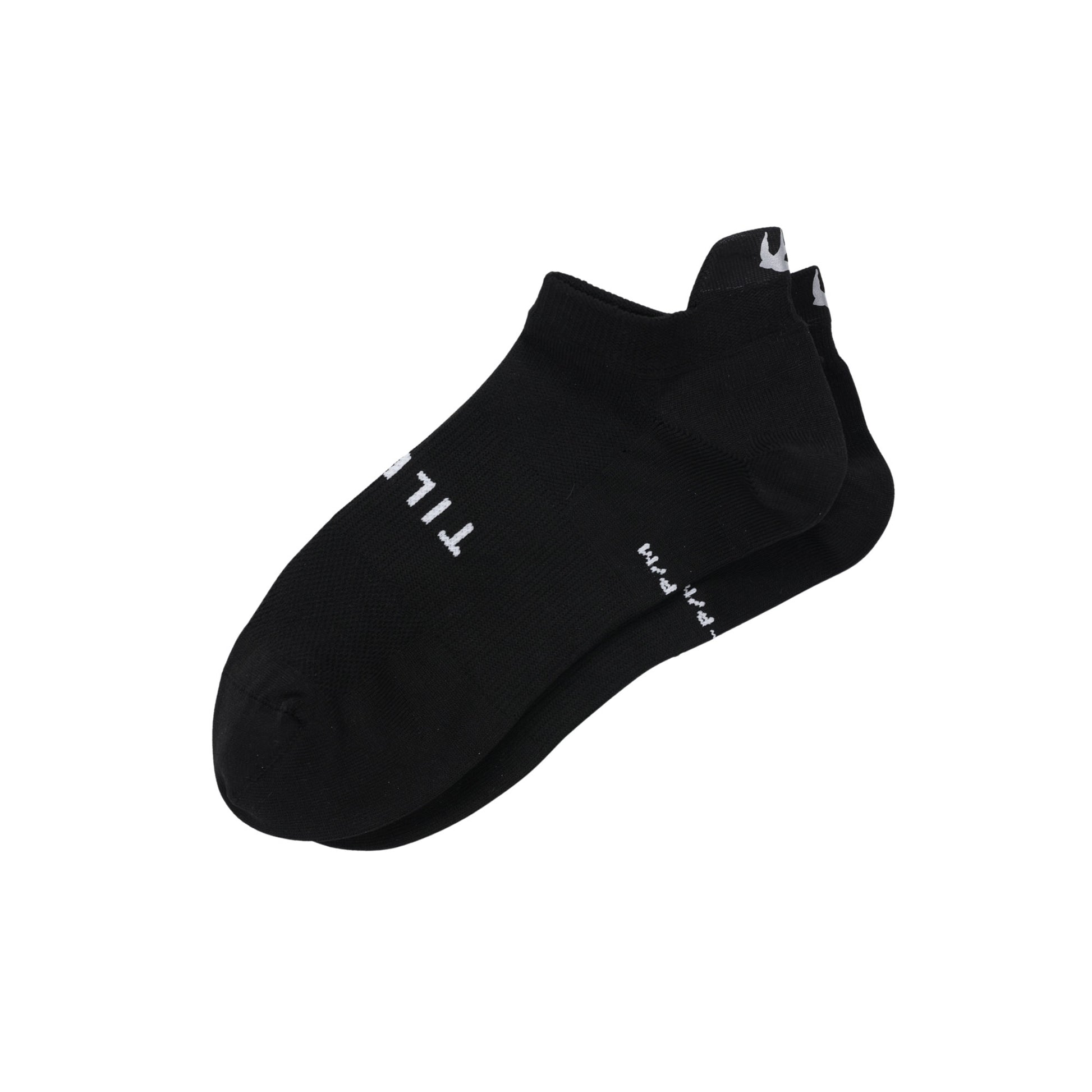 The Tilley Tab Travel Sock in black by Tilley, no-show style with white text, shown on white background.